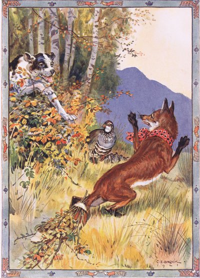 Fora dos arbustos surgiu o cão, cena da história do Partidge, a raposa e o cão em histórias infantis de lendas romenas por Moses Gaster (1856-1939) 1921 de Charles Edmund Brock