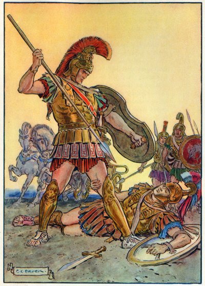A morte de Heitor, de "A hora das crianças: Histórias dos clássicos", publicado pela Waverley Book Company de Charles Edmund Brock
