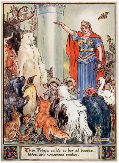 "Então Frigga chamou-lhe todos os animais, pássaros e cobras venenosas", ilustração de "Os heróis de Asgard, contos da mitologia escandinava", de A und E Keary, 1930 de Charles Edmund Brock