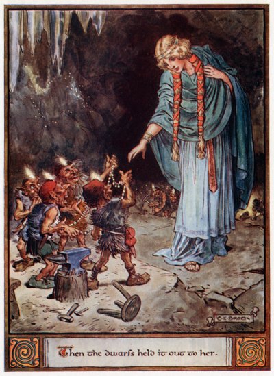 "Então os anões estenderam para ela", ilustração de "Os heróis de Asgard, contos da mitologia escandinava", de A und E Keary, 1930 de Charles Edmund Brock