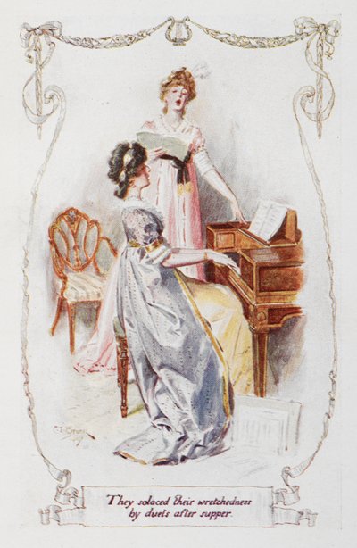 Solucionaram a sua miséria através de duetos depois do jantar", ilustração de "Orgulho e Preconceito" de Jane Austen de Charles Edmund Brock