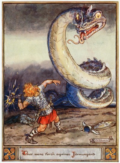 "Thor saiu contra Jormungand", ilustração de "Os heróis de Asgard, contos da mitologia escandinava", de A und E Keary, 1930 de Charles Edmund Brock