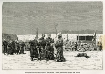 Exercícios de manipulação de espingardas baluartes Taifourchi, tropas armadas e treinadas pelos militares chineses, desenhadas por Delort, para ilustrar as memórias de uma embaixada inglesa em Kachgar (ou Kashi, China) em 1873-74, pelo Sr. Chapman e Gordon de Charles Edouard Delort