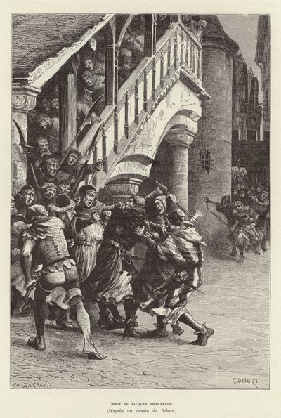 Mort de Jacques Artevelde. Morte do mercador e líder político flamengo Jacob van Artevelde às mãos de uma multidão, Ghent de Charles Edouard Delort