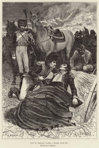 Mort du Marechal Lannes a Essling; Napoleão e o moribundo Marechal Lannes na Batalha de Aspern-Essling, Áustria de Charles Edouard Delort