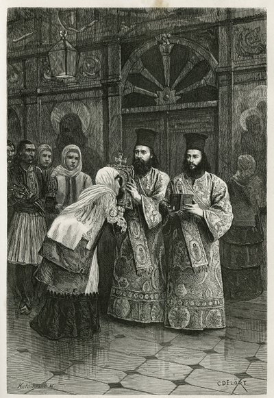 Pritres donnant a baiser les images saintes, gravado por Ch.Delort, para ilustrar a viagem de Henri Belle à Grécia em 1861.1868 e 1874, publicado no tour du monde, sob a direcção de Edouard Charton de Charles Edouard Delort