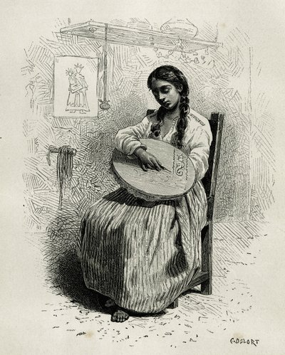 A bordadeira, em Salento, região de Quindio (Colômbia), gravada por Ch. Delort, para ilustrar a história da América Equinoxiale de E. Andre, missão do governo francês, publicada no tour du monde, sob a direção de Edouard Charto de Charles Edouard Delort