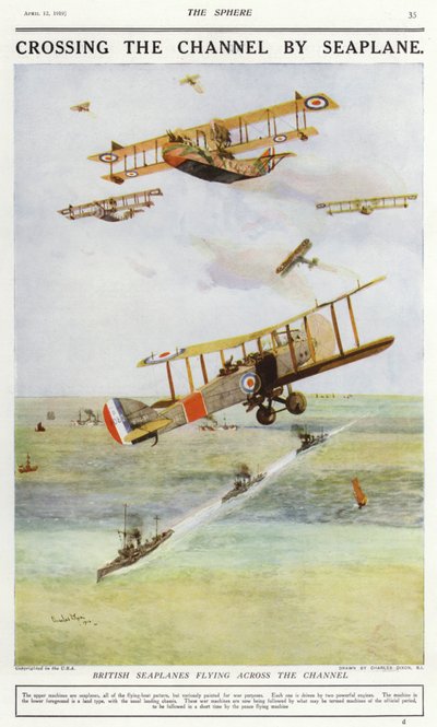 Aviões marinhos britânicos que sobrevoam o Canal da Mancha (cor litho) de Charles Edward (after) Dixon