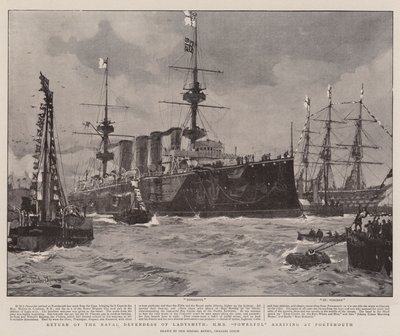 Retorno dos Defensores Navais de Ladysmith, HMS Poderoso chegando a Portsmouth de Charles Edward Dixon