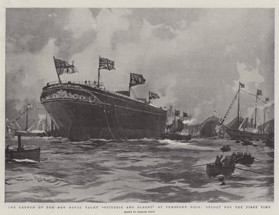O lançamento do novo Royal Yacht Victoria e Albert em Pembroke Dock, à tona pela primeira vez de Charles Edward Dixon