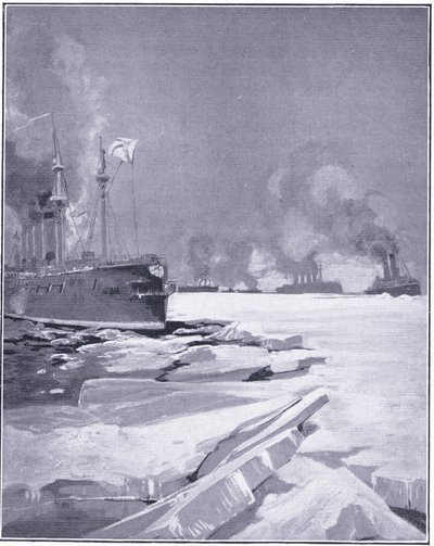 Esquadrão de Vladivostok forçando-se através do gelo do porto de Vladivostok, ilustração fromCassells História da Guerra Russo-Japonesa Vol 1, c.1900 de Charles Edward Dixon