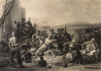"Cena na Costa de África": escravos e senhores de escravos aguardam o transporte para o estrangeiro. de Charles Edward Wagstaff