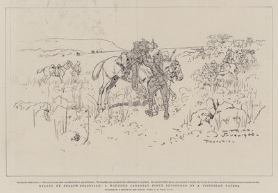 Ajudado por companheiros coloniais, Um escoteiro canadense ferido socorrido por uma patrulha vitoriana de Charles Edwin Fripp