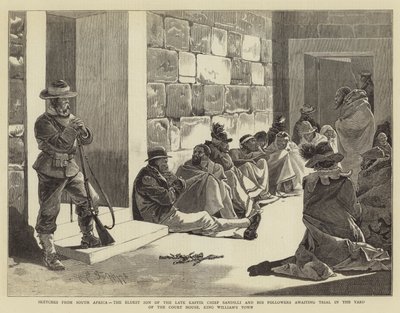 Esboços da África do Sul, o filho mais velho do falecido chefe do Kaffir Sandilli e seus seguidores aguardando julgamento no pátio do tribunal, King William&39;s Town de Charles Edwin Fripp