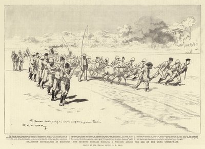 Dificuldades de transporte na Rodésia, os sétimos hussardos transportando um vagão pelo leito do rio Umzingwane de Charles Edwin Fripp