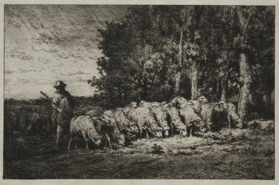Um rebanho à beira de uma floresta, 1880. de Charles Emile Jacque
