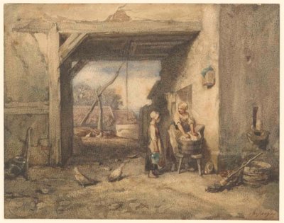 Um pátio de quinta de Charles Emile Jacque