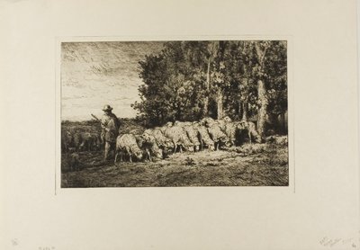 Rebanho de ovelhas à beira de um bosque de Charles Emile Jacque