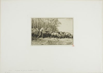 Rebanho de suínos saindo de uma floresta de Charles Emile Jacque