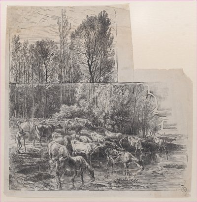 Pastor e Gado em Ford, ca. 1850. de Charles Emile Jacque