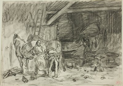 Interior de uma oficina de ferreiro (frente); Homem curvado, visto da leitura (verso) de Charles Emile Jacque