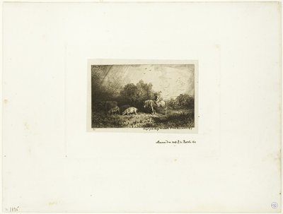 Paisagem com homem a cavalo, porcos e vaca de Charles Emile Jacque