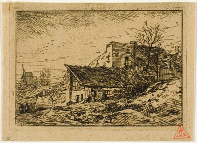 Paisagem com moradias camponesas e moinho de Charles Emile Jacque