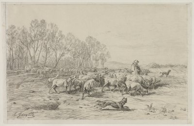 Paisagem com um rebanho de ovelhas, do século XIX. de Charles Emile Jacque