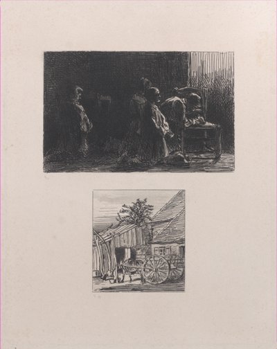Oração superior, carrinho na frente de uma casa inferior, 1845. de Charles Emile Jacque