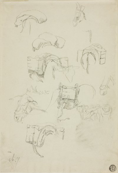 Folha de esboços: Pormenores de um burro e acessórios de Charles Emile Jacque