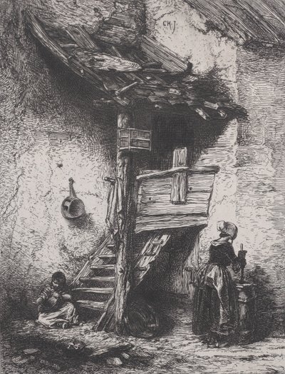 Escadas e Mulher Agitando, 1845. de Charles Emile Jacque