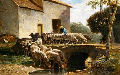 A Saída do Rebanho (óleo no painel) de Charles Emile Jacque