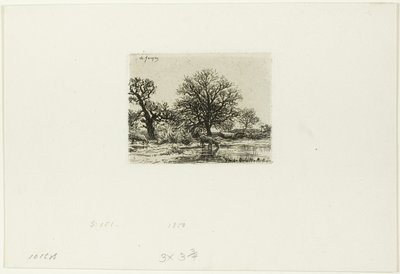 Árvores e vacas perto de uma lagoa de Charles Emile Jacque