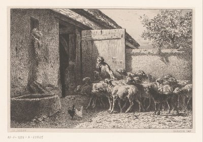 Mulher levando ovelhas para o estábulo Bergerie de Charles Emile Jacque