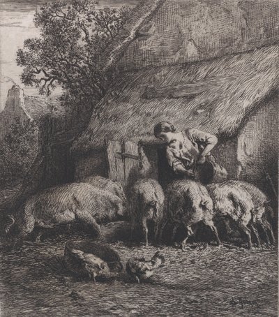 Mulher alimentando porcos, 1850. de Charles Emile Jacque
