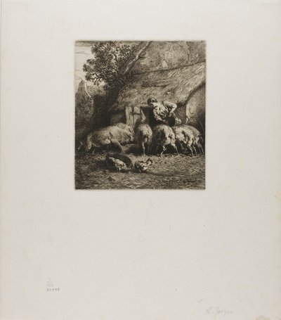 Mulher a alimentar seis porcos de Charles Emile Jacque