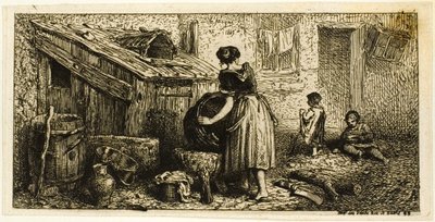 Mulher lavando panelas, com crianças de Charles Emile Jacque
