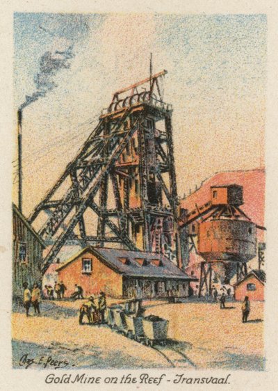 África do Sul: Mina de ouro no recife, Transvaal (litografia a cores) de Charles Ernest Peers