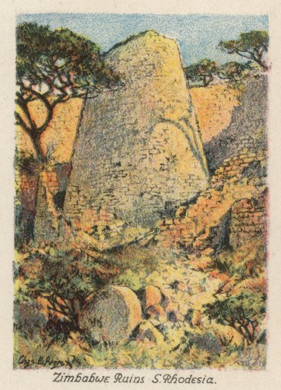 África do Sul: Ruínas do Zimbabué, Rodésia do Sul (litografia a cores) de Charles Ernest Peers