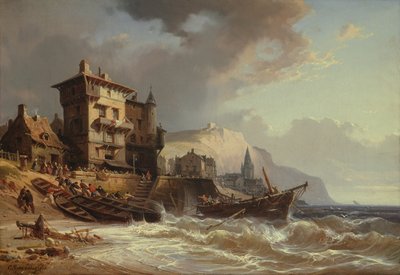 Transportando os barcos em terra na costa da Bretanha, século XIX de Charles Euphrasie Kuwasseg