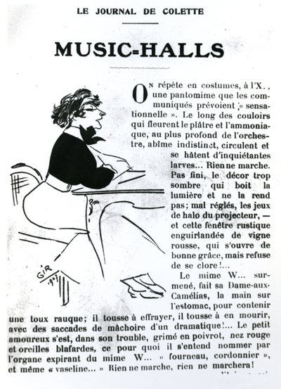 Caricatura de Colette de seu ensaio sobre Salões de Música em Vrilles de la Vigne, publicado em La Vie Parisienne, Paris, 1908 de Charles Felix Gir
