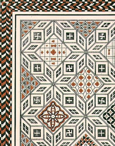 Desenho de um pavimento em mosaico descoberto em Nimes, provavelmente no século II ou III, pub. por Day & Son (litho) de Charles Felix Marie (after) Texier