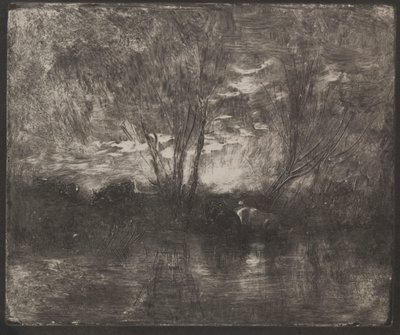Vacas em Watering Place, impressão original 1862, impressa em 1921. de Charles Francois Daubigny