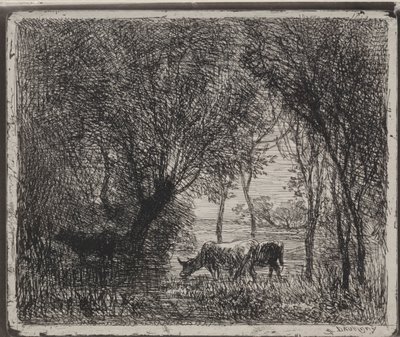 Vacas na floresta, impressão original 1862, impressa em 1921. de Charles Francois Daubigny