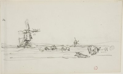 Paisagem na Holanda (anverso); Esboço de moinhos de vento junto à água (verso) de Charles Francois Daubigny