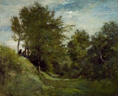 Paisagem com figuras sentadas em um banco no final da década de 1870 de Charles Francois Daubigny
