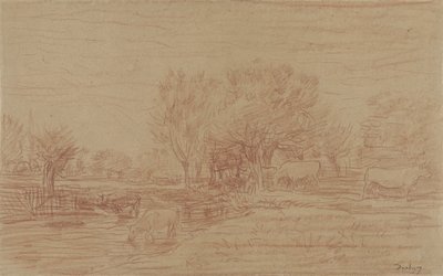 Paisagem com vacas a pastar e a beber e um touro de observação de Charles Francois Daubigny