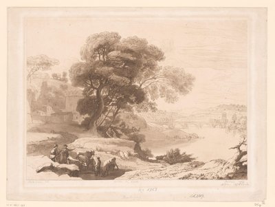 Paisagem com pastores e gado na beira de um rio de Charles Francois Daubigny