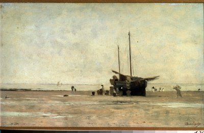 "Seascape" Um veleiro sobre a areia na maré baixa. Pintura de Charles Francois Daubigny (1817-1878) 1868-1872 Museu Pushkin, Moscovo de Charles Francois Daubigny