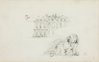 Esboços: O Hotel de Ville, Tours e uma rapariga a brincar (frente); Cegonha (verso) de Charles Francois Daubigny
